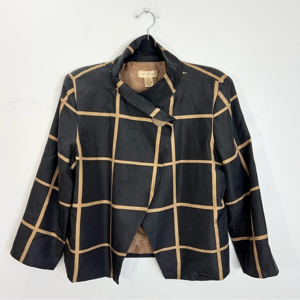 Old money pure silk black tan windowpane mock neck jacket blazer 16 - Picture 3 of 13